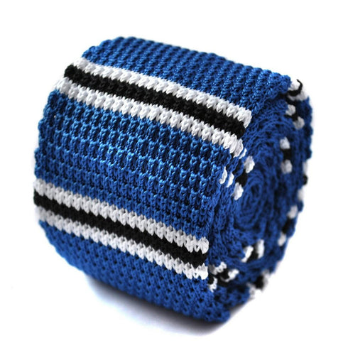 blue, black and white striped skinny knitted tie
